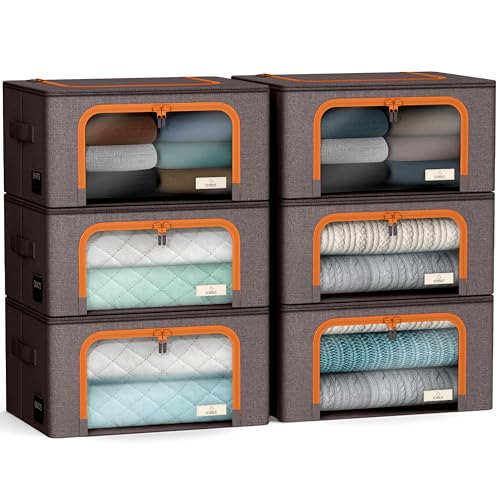 Sorbus Storage Bins with Metal Frame - Stackable & Foldable Clothes Organizer Bags - Oxford Fabric Storage Containers with Large Clear Window & Carry Handles, Bedroom Organization for Bedding & Linen - color: Brown, size: 6 Pack