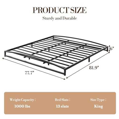 IDEALHOUSE Low Bed Frame, 6 in King Size Metal Platform Bed Frame, Black | Arch Design, Heavy Duty Bed Frame, Strong Bearing Capacity, No Box Spring Needed, - color: 6 Inch Black, size: King