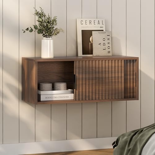 Floating Nightstand with Sliding Doors, Modern Fluted Large Night Stand Storage Shelf Wall Mounted Bedside Tables for Bedroom, Brown - color: Brown, size: 1 PC