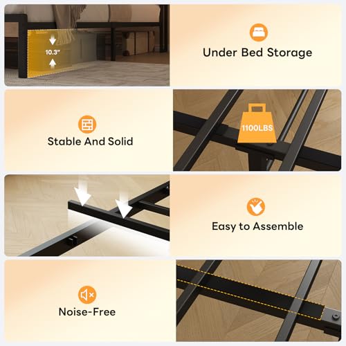 LIKIMIO Queen Bed Frame with Headboard, LED Lights and Charging Station - color: Natural and Cream, size: Queen