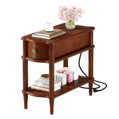 Nightstand with Charging Station & Drawer, Pre-Assembled Vintage Side Table with Shelf, Rustic Wood Finish Narrow End Table with Turned Legs for Bedroom Living Room, Caramel Walnut Brown, 1Pc