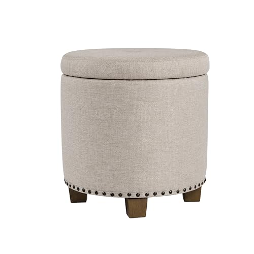 HomePop 18.5" Round Storage Ottoman with Nailheads - Light Brown Fabric - color: Light Brown Fabric