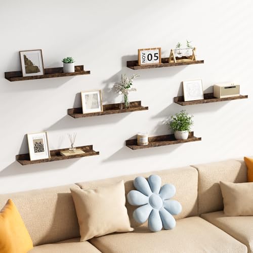 upsimples Floating Shelves for Wall Decor and Storage, Brown, 6Pcs 23.6'' | Wall Mounted Wood Shelves for Living Room, Bedroom, Bathroom, Kitchen, Office, Nursery Room, Coffee Bar Display and Organize - color: Brown, size: 23.6in