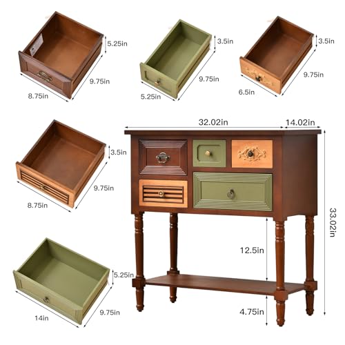 Ahokua Vintage Accent Cabinet with 5 Drawers and Open Shelf, Multi-Tone Console Table with Turned Wood Legs, Mid-Century Entryway Table for Hallway or Living Room - color: 5-drawer Accent Cabinet