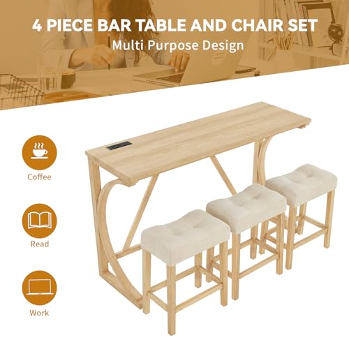 59" Dining Bar Table Set with Power Outlet, Behind Couch Sofa Table with 3 Padded Stools, 5 Piece Bar Table and Chairs Set for Living Room, Dining Room, Light Oak - color: O1-oak