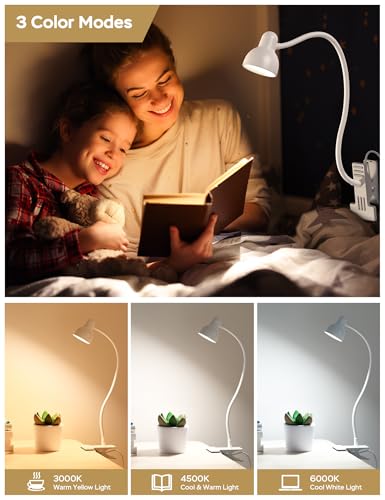 LiFMIRA Clip on Lamp USB Reading Light, Desk Lamp with Clamp White | 3 Color Modes, 10 Dimmable Brightness Eye Care Clamp Lamp with Flexible Gooseneck for Reading in Bed Desk Headboard Computer - color: White