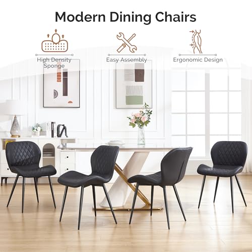 Dining Chairs Set of 2, Comfy Modern Dining Chairs with Thick Cushions, Upholstered Fabric Kitchen Side Chairs with Adjustable Metal Legs for Dining Room (Black) - color: Black, size: Set of 2