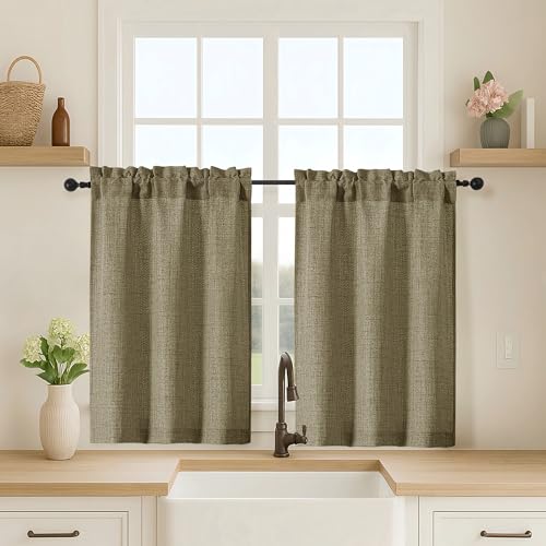 2 Panels Kitchen Curtains 36 Inch Length, Faux Linen Textured Small Cafe Window Curtain Over Sink, Light Filtering Short Curtain Tiers for Bathroom Basement, 30x36 Inch, 2PCS, Chocolate - color: Chocolate, size: 30"W x 36"L (Pack of 2)