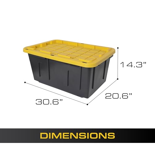 CX Heavy Duty 27-Gallon Stackable Plastic Storage Bins with Lids, 4 Pack | Storage totes for garage organization, Stackable containers, weather-resistant, snap lid, 14.3H x 20.6W x 30.6D, Black/Yellow - size: 27 Gallon