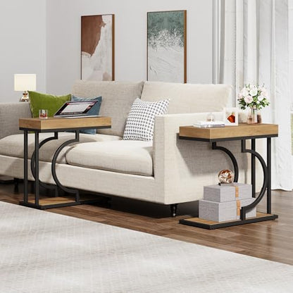 Tribesigns Narrow Side Table C Shaped End Table Modern Bedside Tables for Couch, Small Sofa Chairside Tables with Metal Frame for Living Room (2, Natural+Black) - color: Natural+black