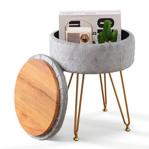 Cpintltr Modern Velvet Foot Rest Stool Upholstered Round Storage Ottomans Multipurpose Dressing Stools Luxury Home Decor Ottoman Coffee Table Top Cover Footstool with Metal Legs for Couch Light Grey - color: Light Grey