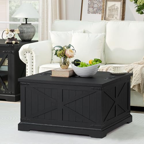 Joaxswe Farmhouse Coffee Table with Large Hidden Storage Compartment, Rustic Black Square Center Table, Wood Low Farm House Modern Living Room Tables with Hinged Lift Top & Wooden Arc Base - color: Black, style: With Base