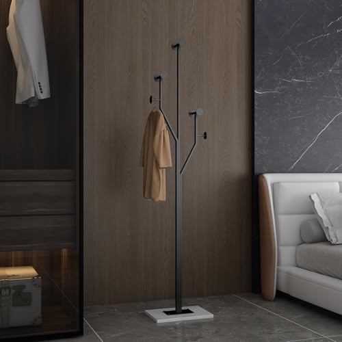 Freestanding Coat Rack Coat tree for Entryway Bedroom (Black) | Tree-shaped, Easy Assembly, Space Saver, Heavy Duty, Metal Frame, Marble Base, 8 Hooks, Living Room, Office, Corner - color: Black