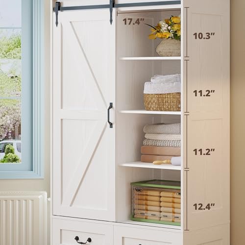 IRONCK Armoire Wardrobe Closet with 4 Drawers, Sliding Barn Doors, White | 71" Wardrobe Cabinet, Tall Clothing Storage Cabinet with Hanging Rod and Shelves for Bedroom - color: White