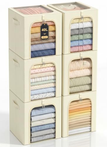 GoMaihe Clothes Storage Bins with Metal Frame for Closet, 40L 6-Pack Beige | Sweaters Hoodies Jeans T-Shirt, Closet Top Shelf Organizer, Collapse-Proof, Stackable, Clear Window, Dual Access Space Saving - color: Beige, size: 40L