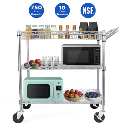 Heavy Duty 3 Tier Utility Cart,Wire Rolling Carts with Wheels, Commercial Grade Service Cart with Shelving Liners and Handle Bar Metal Carts for Kitchen Office Hardware - color: 750lbs Capacity Silver
