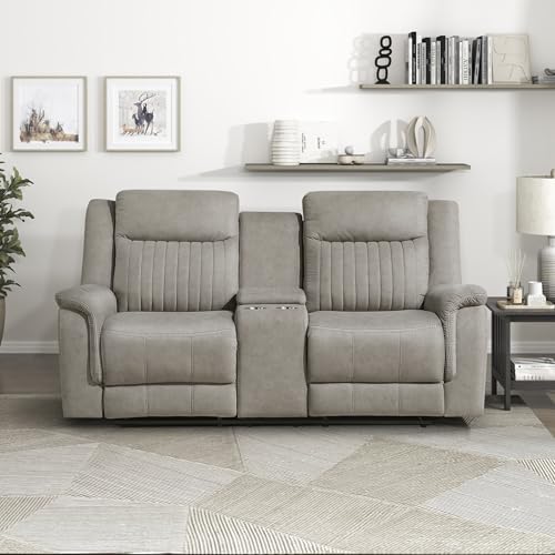 Lexicon 75" W Manual Double Reclining Loveseat with Center Console, Dove | Polished Microfiber Manual Wall Hugger Loveseat Recliner, Cup Holders, for Living Room, Tool Free Assembly - color: Dove, size: Reclining Loveseat