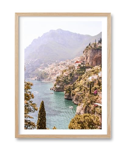 HesenDot 12x16IN Amalfi Coast Framed Wall Art Positano Canvas, 1Pack | Natural OAK Wood Frame with Acrylic Glass, Mediterranean Coastal Bathroom Wall Decor for Living Room, Bedroom and Apartment - color: Framed Italy Natura OAK Art