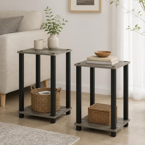 2-Tier Set of 2 Small End Table with Open Shelf, Easy Assembly Toolless Nightstand, Night Stand, Side Table, for Bedroom, Living Room, French Oak - color: French Oak/Black, size: 2 Tier, Set of 2