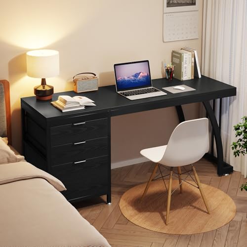 Tribesigns Computer Desk with 3 Drawers, 59-Inch PC Desk with Reversible Drawers, Industrial Study Writing Table Workstation with File Storage for Home Office (Black) - color: Black
