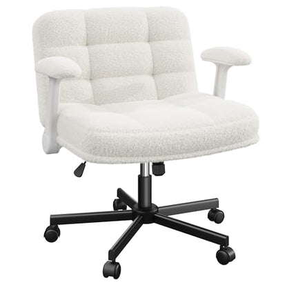DurayLoly Criss Cross Office Chair with Flip-up Arm & Wheels | 360° Swivel,Plush Teddy Fabric Cross Legged Chair ,Adjustable Height for Home Office,Study, Gaming, Vanity,White - color: Beige