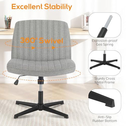 DUMOS Criss Cross Chair No Wheels Legged Office Wide Comfy Desk Vanity Chair, Armless Computer Task Seating, Swivel Home Height Adjustable for Bedroom, Study, Grey Fabric - color: Grey Fabric