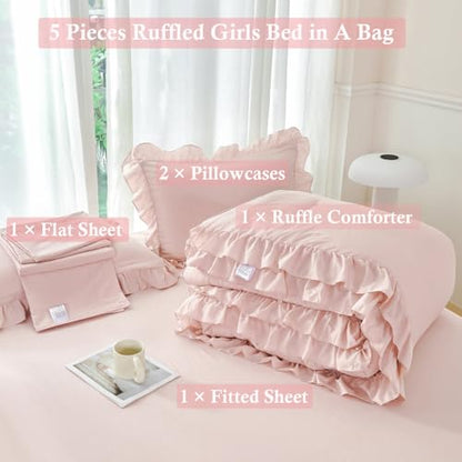ANGIYUIN 5 Pieces Blush Pink Ruffled Comforter Sets Full Farmhouse Bed in A Bag with Layer Ruffle Soft Lightweight Bedding Sets with Sheet Sets, Pillowcases（Blush Pink Full） - color: Blush Pink, size: Full(5Pcs)