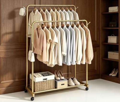 AT-VALY Double Rods Clothes Rack, Sturdy Metal Garment Rack with Wheels, Portable Wardrobe Rack with Bottom Shelf & Side Hooks, Heavy Duty Coat Hanger Stand for Bedroom, Laundry, Living Room,Gold