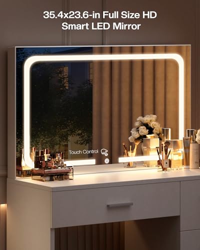 LIVELYGLOW 35.4" White Vanity Desk Set with Full-Width LED Mirror & Stool | 3 Lighting Modes, Charging Station, Cushioned Stool, 4 Drawers
