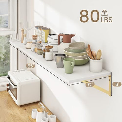 Dreamland Wall Mounted Floating Shelves Set of 2, 55x12, White&Gold | Engineered Wood, Visible Bracket, Large Storage, Hold Up to 80lbs, Living Room, Bathroom, Bedroom, Kitchen - color: White&gold, size: 55"W x 12"D