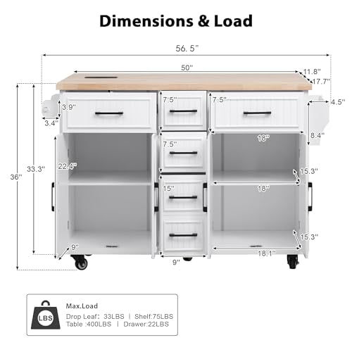56.5'' Kitchen Island with Drop Leaf, Power Outlet, Embossed Vertical Stripe Rolling Kitchen Cart on Wheels with Deep Drawers and Adjustable Shelves (White/D) - color: White/D)