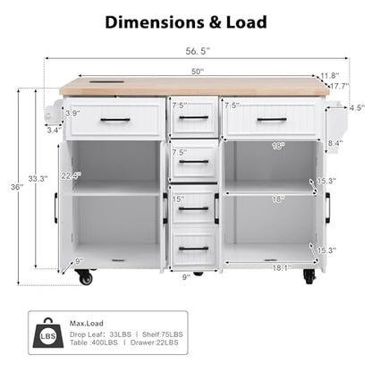 56.5'' Kitchen Island with Drop Leaf, Power Outlet, Embossed Vertical Stripe Rolling Kitchen Cart on Wheels with Deep Drawers and Adjustable Shelves (White/D) - color: White/D)