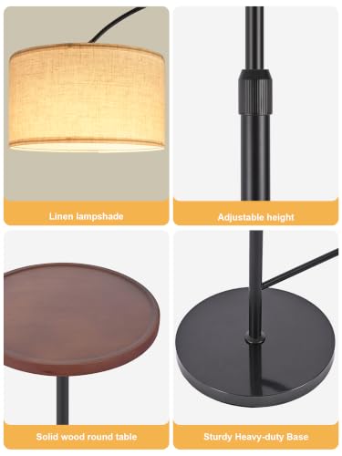 Arc Floor Lamp with Side Table, Adjustable Linen Shade Fishing Standing Lamp for Living Room Bedroom