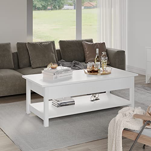Panana Lift Top Coffee Table with Hidden Compartment and Open Shelf, Lift Tabletop Pop-Up Coffee Table for Living Room, 45.28" L, White - color: White