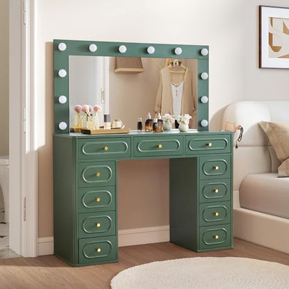 Fluted Vanity Desk with Mirror and Lights, Power Outlets, Modern Wood Vanity Desk Makeup Table with 11 Drawers, 3 Color Modes Dressing Table with Storage for Bedroom, Living Room, Green - style: Green