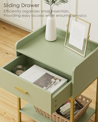 Masupu Nightstand,Bedside Table 3-Tier Modern Night Stand with Storage Drawer and Shelf,Small End Side Table for Bedroom,Living Room,Black (Without Outlet, Green) - color: Green