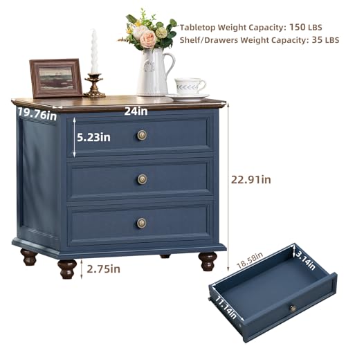 Joaxswe 24" Wide Farmhouse Night Stand,Large End Table with 3 Drawers & Metal Handle,Navy Blue Dresser for Bedroom, Wood Bed Side Table Chest of Drawers, Nightstand Cabinet for Living Room,Closet - color: Navy Blue, size: 19.76"D x 24"W x 22.91"H (3 Drawe