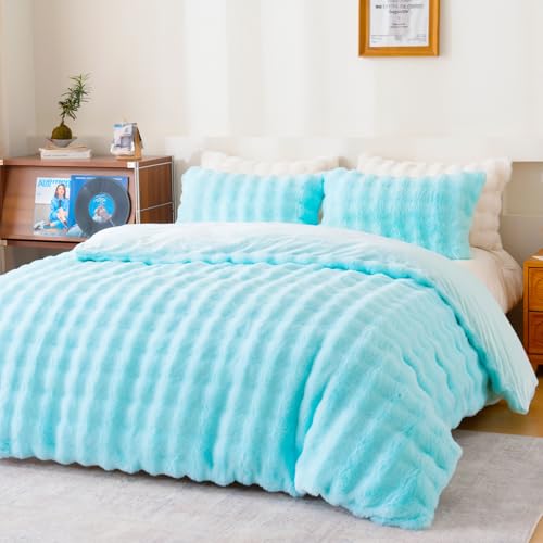 Fluffy Blue Duvet Cover Twin Set, Soft Shaggy Plush Rabbit Bedding Set 2 Pieces (1 Fuzzy Comforter Cover + 1 Faux Fur Pillow Cases) Zipper Closure（Blue, Twin） - color: Blue, size: Twin
