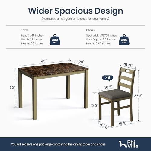 PHI VILLA Dining Table Set for 4, Marble Design Kitchen Table and Chairs | Marble Tabletop, Solid Rubber Wood, Padded Cushion Chairs, Space Saving, Easy Assembly, Olive - color: Emperador Dark Marble& Olive