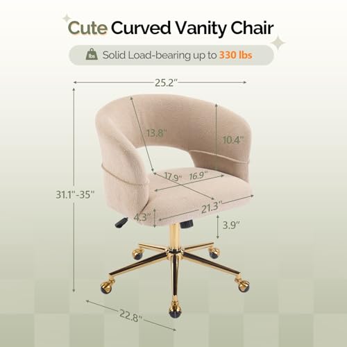 VINGLI Modern Curved Office & Vanity Desk Chair, Cute Upholstered Nail Chair with Wheels & 360° Swivel & Club & Tilting & Gold Base, for Bedroom, Living Room, Makeup, Velvet Chenille, Khaki - color: Khaki