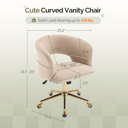 VINGLI Modern Curved Office & Vanity Desk Chair, Cute Upholstered Nail Chair with Wheels & 360° Swivel & Club & Tilting & Gold Base, for Bedroom, Living Room, Makeup, Velvet Chenille, Khaki - color: Khaki