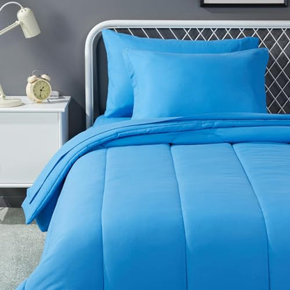 Amazon Basics 5-Piece Microfiber Kid's Bed-in-a-Bag Bedding Set, Twin, Blue, Solid - color: Blue, size: Twin