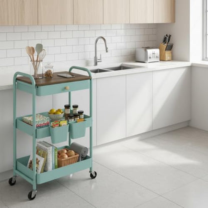 3 Tier Rolling Cart, All-in-One Art Cart Organizer on Wheels for Kitchen, Bathroom, Office, Laundry - color: Green