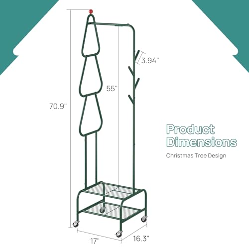 viewcare Coat Rack with Wheels, 4 Hooks Rolling Garment Rack, 360° Swivel Wheels with Brake, Heavy Duty Metal Rustproof for Entryway Bedroom