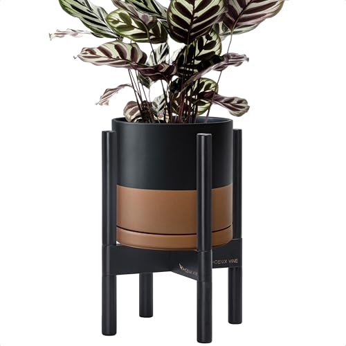 D'vine Dev Ceramic Pot with Ebony Wood Stand, Black/Tan, 8 in, 55-B-M-7 | Mid-Century Modern Design, Raised Plant Display, Solid Beech Wood Stand, Premium Craftsmanship, Sophisticated Home Decor - color: Black/Speckled Tan Pot + Ebony Stand, size: 8 Inch