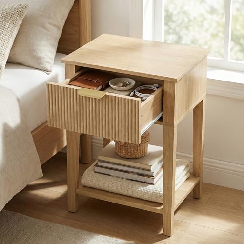 FuniXpress Small Nightstand, 15" Wide, Drawer and Shelf, Natural Oak Fluted | Light oak tone, clean fluted front, 11.8-inch slim depth, smart storage, fits bedside, sofa side, or small spaces - color: Natural Oak