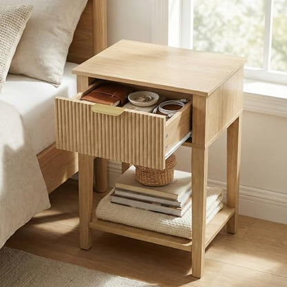 FuniXpress Small Nightstand, 15" Wide, Drawer and Shelf, Natural Oak Fluted | Light oak tone, clean fluted front, 11.8-inch slim depth, smart storage, fits bedside, sofa side, or small spaces - color: Natural Oak