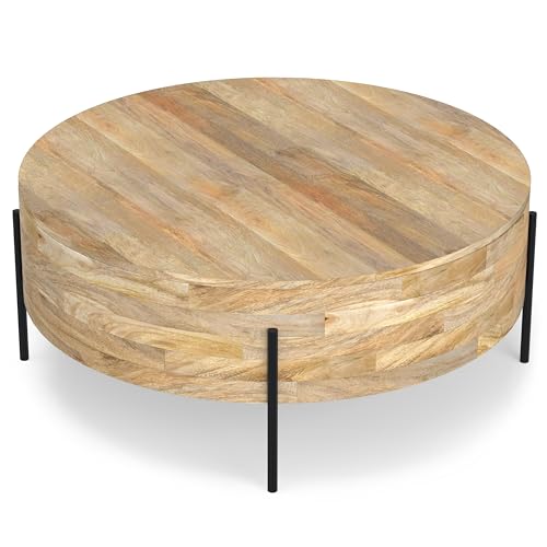 SIMPLIHOME Rayburn 38" Wide Solid Mango Wood Drum Coffee Table in Natural | Modern industrial coffee table with black metal legs and a large surface; round cocktail table or center table. - color: Refined Natural