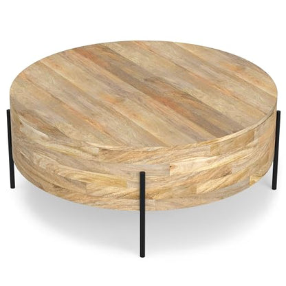 SIMPLIHOME Rayburn 38" Wide Solid Mango Wood Drum Coffee Table in Natural | Modern industrial coffee table with black metal legs and a large surface; round cocktail table or center table. - color: Refined Natural