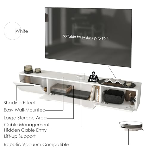 Atelier Mobili Floating TV Stand for Up to 80 Inch TVs – Wall Mounted Media Console with Handle-Free Doors – Modern Entertainment Center with Hidden Storage – White and Oak Finishes (White) - color: White